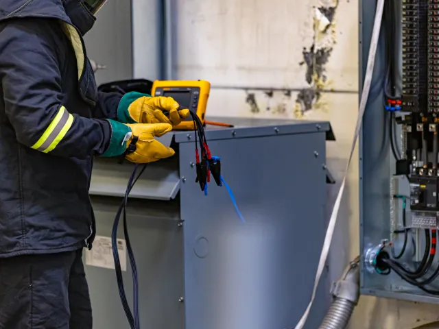 Electrician using multimeter to test electrical transformer during troubleshooting