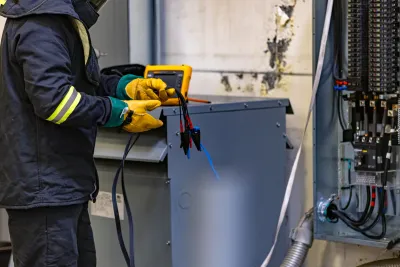 Electrician using multimeter to test commercial transformer