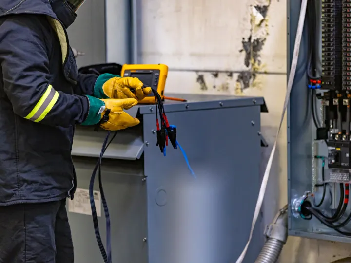 Electrician using multimeter to test commercial transformer