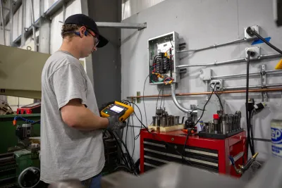 Power quality testing equipment measuring voltage and harmonic distortion at a Snohomish County commercial facility