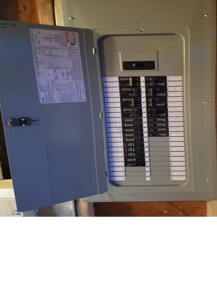 Open electrical panel with labeled circuit breakers