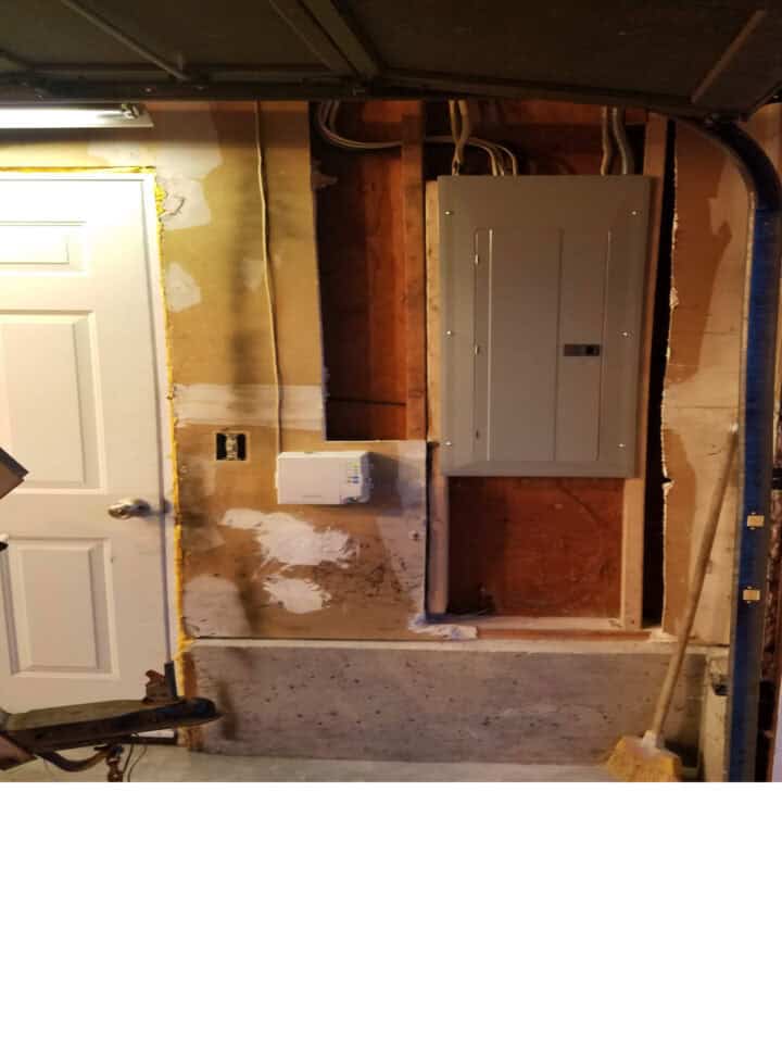 Interior of a garage with electrical panel